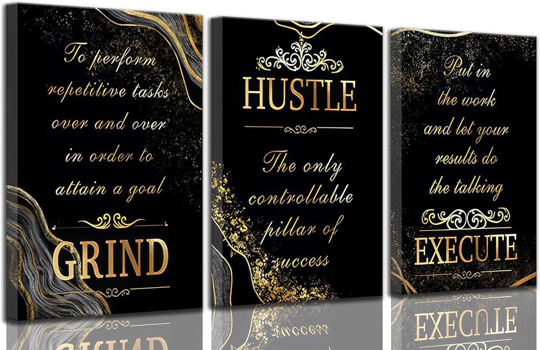 3 Pcs Black Gold Inspirational Office Canvas Wall Art Motivational Grind Hustle Execute Inspiring Quotes Pictures Wall Decor Poster Print Artwork for Man Cave Man Room Home Office Decoration