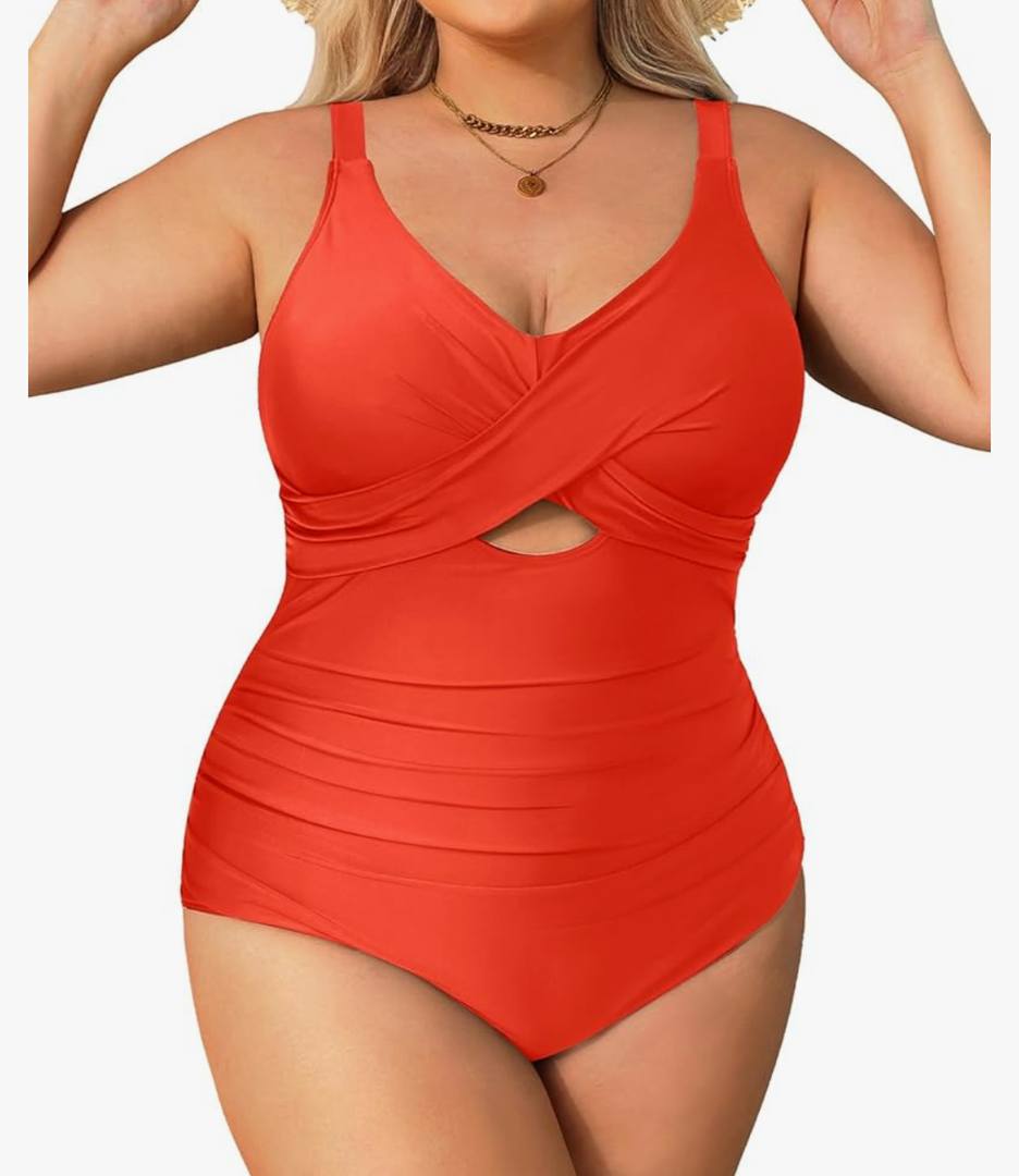 Daci Plus Size One Piece Swimsuits - Tummy Control Bathing Suit for Women Cutout Swimwear Red L
