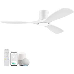 Livory 52 Wood Smart Flush Mount Ceiling Fans with Lights and Remote,Quiet DC Motor,Outdoor Indoor Ultra Low Profile Ceiling Fan works with Alexa WIFI APP,Modern White Ceiling Fan for Bedroom Patio, 52"-voice+app+remote Control