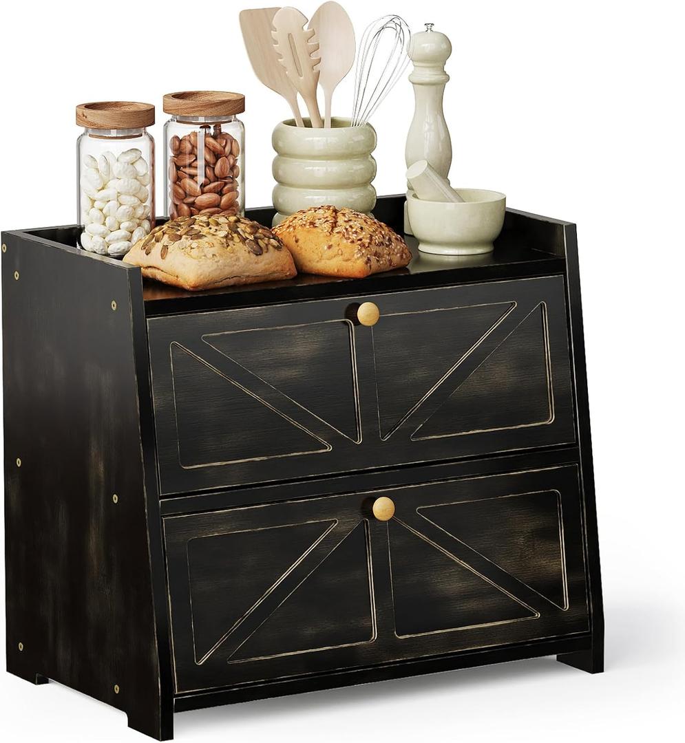 Vintage Double Layer Bread Box for Kitchen Counter Bamboo Bread Storage Container Large Capacity Bread Storage Bin (Antique Black)