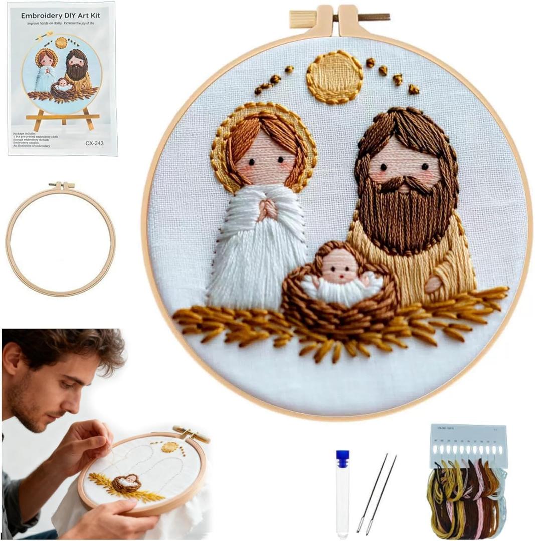 QZAVIRE Nativity Scene Embroidery kit, Christmas Cross Stitch Kit with Wooden Hoop All-Inclusive Supplies Easy Embroidery Starter for Beginners Adults Holiday Home Decor DIY Hand Gift