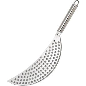 Pan Pot Strainer with Handle Stainless Steel Hand Held Crescent Drainer for Spaghetti Fry Noodles Fruit Vegetable Pasta Strainer Colander Heavy Duty Food Drainers (Silver)