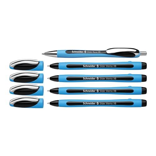 Schneider Slider Memo XB + Slider Rave XB (Extra Broad) Ballpoint Pens, 1.4 mm, 4 + 1 Assortment, Light Blue Barrel, Black Ink, Promo Box of 4 Pens (150245)
