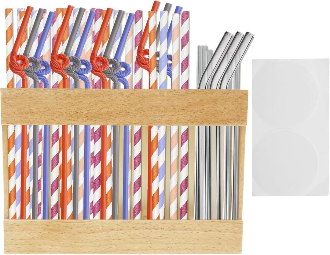 2 x Reusable Straw Dispenser Organizer, Straw Holder with Double Sided Adhesive Tape Tumbler | Adhesive No Drill Installation | Eco-Friendly Kitchen Cabinet Organizer