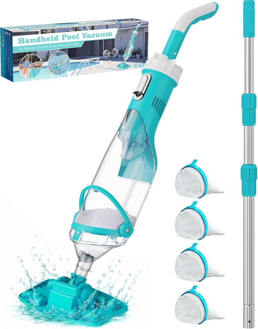 Cordless Pool Vacuum with Telescopic Pole, 18.5 GPM Powerful Suction, 1.5H Supercharge Technology, Handheld Pool Vacuum Cleaner for Above Ground/Inground Pools, Hot Tubs, Green