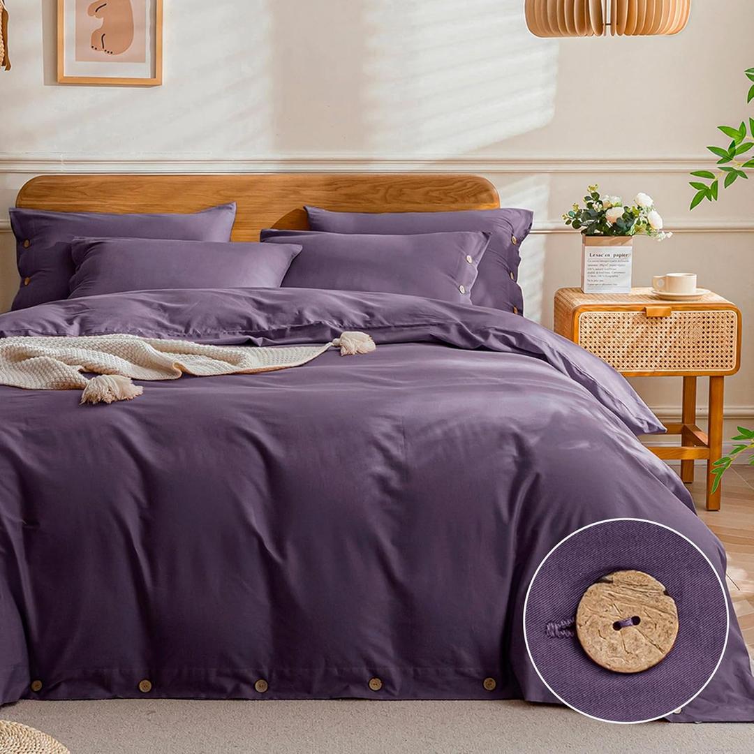 JELLYMONI Cotton Duvet Cover King Size - Purple Comforter Cover with Button 100% Washed Cotton 3PCS Breathable Soft Solid Bedding Set Duvet Cover 10490in & 2 Pillowcases (NO Comforter)
