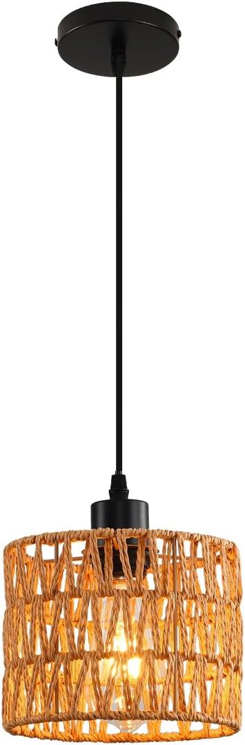 Woven Pendant Light Boho Chandelier, Rattan Pendant Lights Kitchen Island, Farmhouse Pendant Lighting with Hand Woven Wicker Shade, Boho Chandelier Light Fixtures Ceiling Hanging Light (1 Pack Brown)