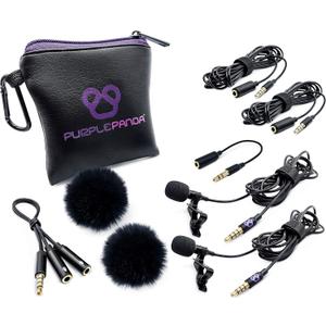 Purple Panda Dual Interview Lavalier Lapel Microphone Kit (2 Pack) for Podcast - Professional Omnidirectional Clip On Lav Mic - Compatible with iPhone, Android, DSLR Camera, Samsung, Zoom, Tascam