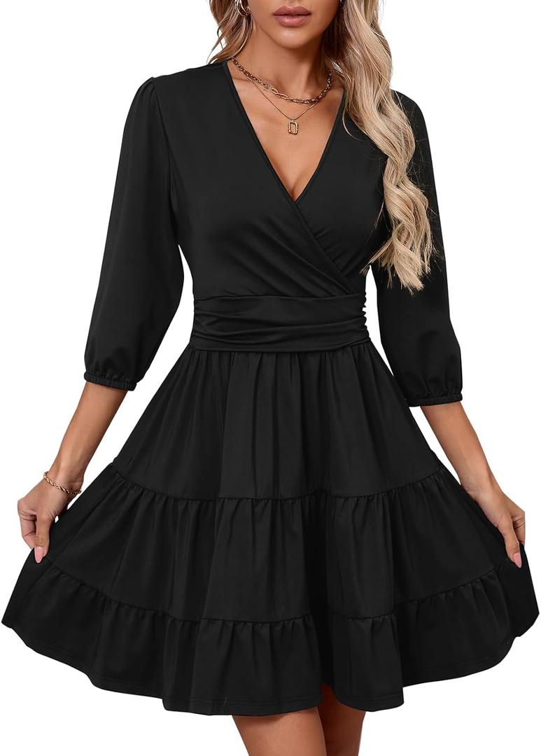 PerZeal Women's Wrap V Neck 3/4 Sleeve Wedding Guest Dress Elastic Waist Tiered Belted Ruffle Hem Mini Dress (Medium)