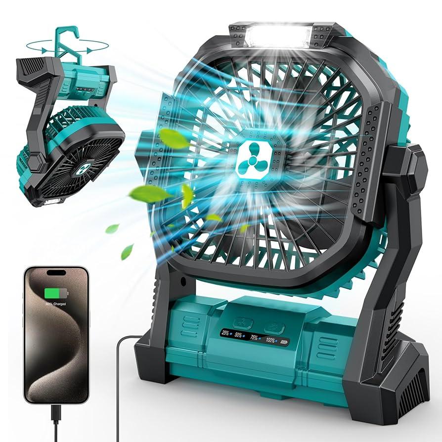Portable Camping Fan Rechargeable Battery Operated Fans with Light 4 Speeds & Hook, USB Rechargeable Outdoor Camping for Tent, Green