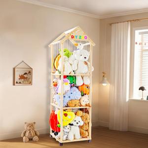 Stuffed Animal Storage,Stuff Animal Organizer Display Wood Zoo Animals Toy Holder with Length Adjustable,360 Swivel Wheels Simple Installation for Nursery Play Room Bedroom