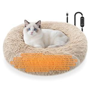 SXBSXB Heated Cat Beds for Indoor Cats and Small Dogs, 24'' Heated Pet Bed with Timer and Temp Adjustable, Cozy Fluffy Round Calming Pet Beds Removable Washable Cover USB Electric Warm Cat Bed- Camel