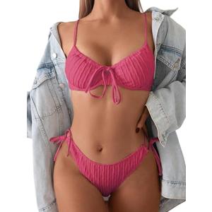 SweatyRocks Women's Ribbed High Cut Bikini Set Bow Tie Side String 2 Piece Swimsuit Bathing Suit Red, Medium