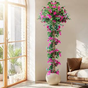7FT Tall Bougainvillea Artificial Tree for Outdoors or Indoors, Faux Tree Realistic Wood with Flowers in Plastic Pot Front Porch Plants, Home, Office, Red