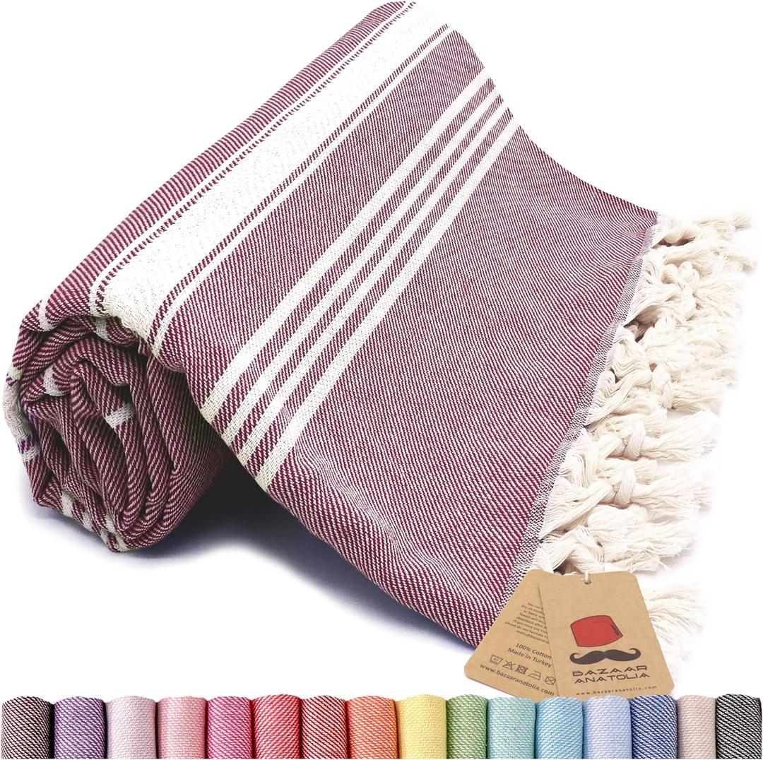 Bazaar Anatolia Turkish Beach Towel  100% Cotton, Quick Dry, Sand Free Towel for Bathroom, Camping, Travel, Burgundy  Oversized 71x39 Inches  Stripe Maroon