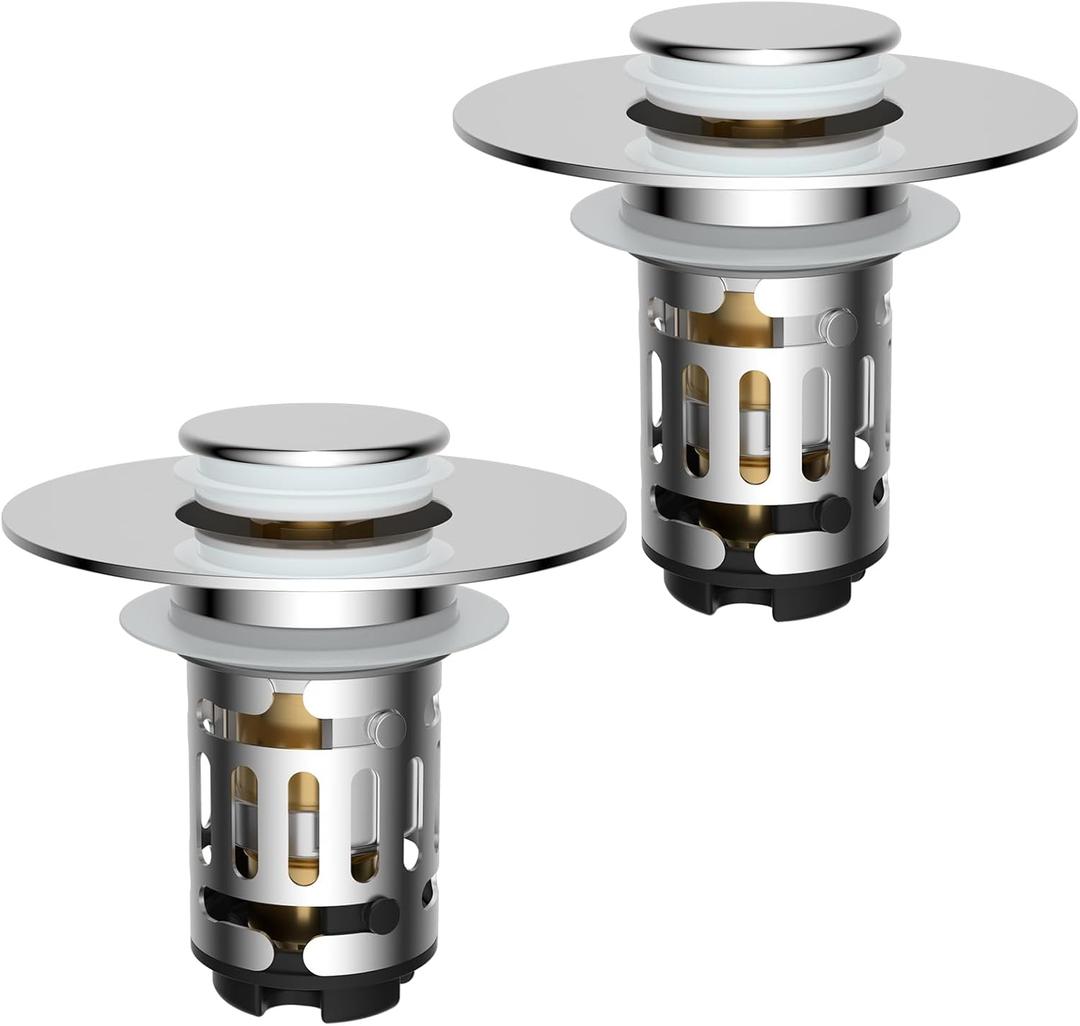 Hibbent 2 Pack 3 in 1 Bathroom Sink Drain Strainer, Universal Pop Up Stopper with Removable Stainless Steel Filter Basket Hair Catcher, Sink Plug for 1.1''~2.36'' Basin, Brass Bullet Core, Chrome (Chrome)