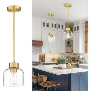 Gold Pendant Lights Kitchen Island, 7" Hanging Lights Fixtures with Clear Glass Shade, Modern Brass Kitchen Pendant Lighting Over Island for Dining Room, AD-24024-1P-GD