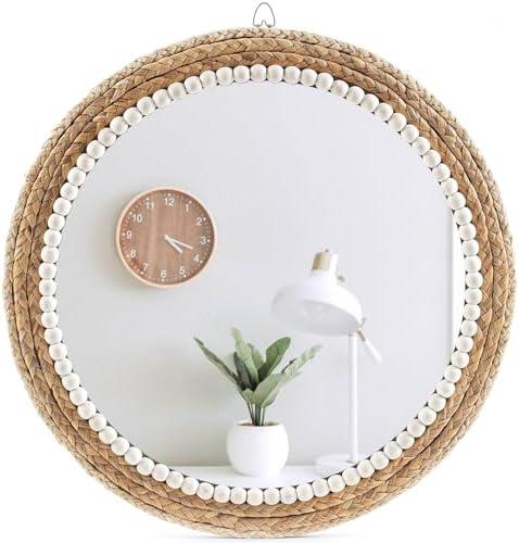 AoduCamy 18 Inch Boho Wall Mounted Mirror,Decorative Round Rattan Hanging Wall Mirror，Suitable for Farmhouse, Living Room, Bedroom and Bathroom