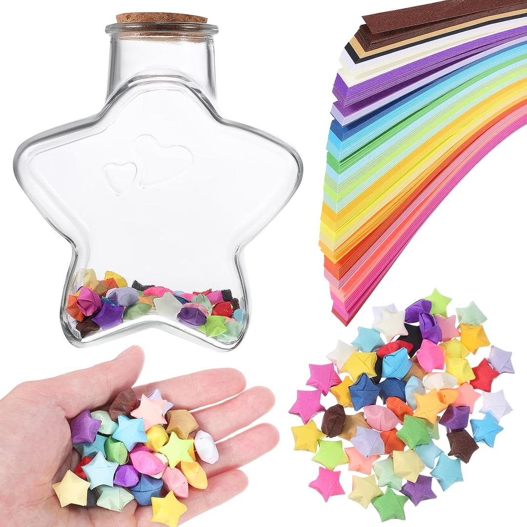 STOBAZA Rainbow Origami Star Paper Strips with Glass Wishing Bottle 540 Colorful Lucky Stars for Birthday Gift Decoration and Diy Craft Projects