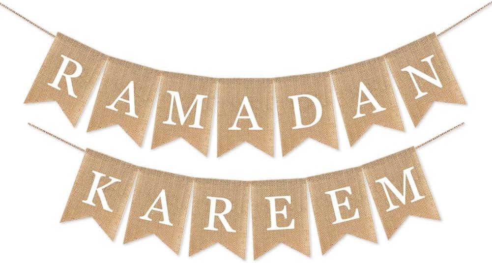 Burlap Ramadan Kareem Banner Muslim Fireplace Mantel Decoration Rustic Ramadan Kareem Bunting Banner for Mantle Fireplace Ramadan Party Decor Supplies