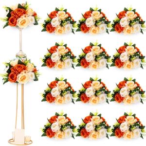 Hotop 12 Pcs Fall Artificial Flower Ball Centerpieces for Tables, Fall Wedding Table Decorations, Thanksgiving Silk Rose Floral Arrangements for Reception, Banquet, Wedding Party (Honey Orange)