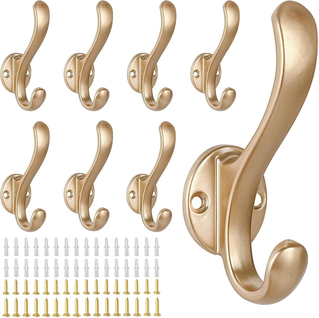 8 Pack Coat Hooks Wall Mount Heavy Duty Utility Retro Double Hooks for Hanging Coats,Hat, Towel, Key, Robe, Scarf, Bag, Cap (Gold)