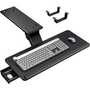 Keyboard Tray Under Desk with Storage Drawer, Height Adjustable Keyboard Tray Slide Out Swivel Tilt, Ergonomic Under Desk Mount Keyboard & Mouse Holder for Gaming Home Office, 25x11'', Black