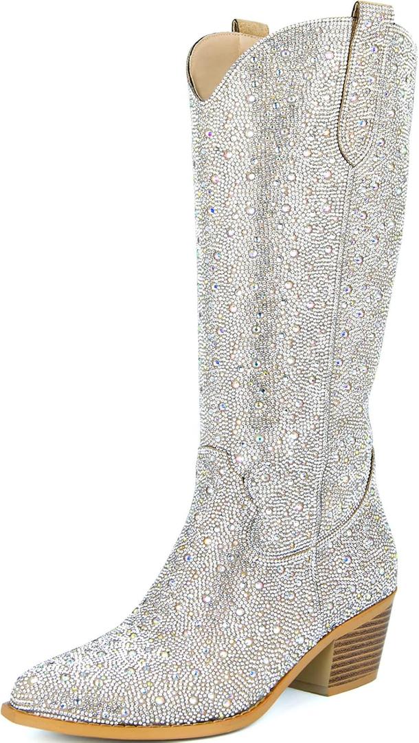 SOVANYOU Women's Cowboy Boots Western Boots Pointed Almond Toe Block Heel Sparkly Cowgirl Tall Boot (11)