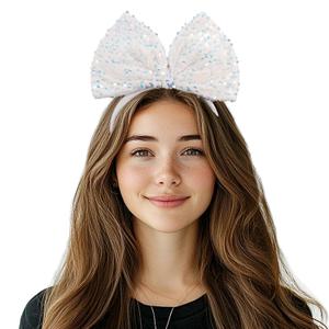 Big Bow Headband for Women Soft Bow-Knot Hair Hoop with Sparkling Sequins Festival Costume Large Hair Bow Accessory (White, Elastic) (1 Count (Pack of 1))