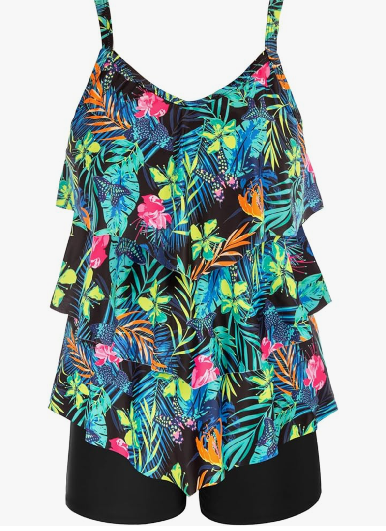 Hanna Nikole Womens Plus Size Two Piece Tankini Swimsuits 3-Tiered Ruffle Flounce Top with High Waisted Bottom
24 W