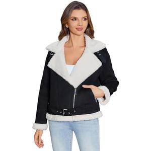 Women's Faux Shearing Moto Jacket Thick Fur Lined Coat Sherpa Leather Jacket, XL
