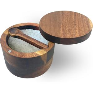 6.5 Ounce Acacia Wood Spice Box with Built In Spoon and Magnetic Rotating Lid Elegant Kitchen Salt Container Holder for Storing Pepper Spices Salt or Your Favorite Seasonings