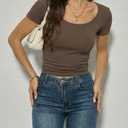 Womens Scoop Neck Ribbed Short Sleeve Tops Fitted T Shirt Slim Fit Casual Summer Basic Tee (Brown, XL)