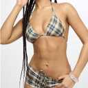 RoseSeek Women's 2 Piece Gingham Checkered Bikini Set with Shorts Plaid Halter Boyshorts Swimsuits (Beige, S)