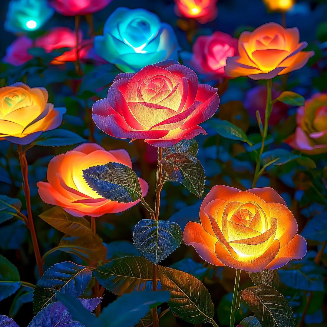 Solar Garden Lights Outdoor, 4 Pack Solar Light Outdoor with 20 Rose Flowers, Waterproof 7 Color Changing Solar Powered Flowers Lights for Outside Patio Yard Pathway