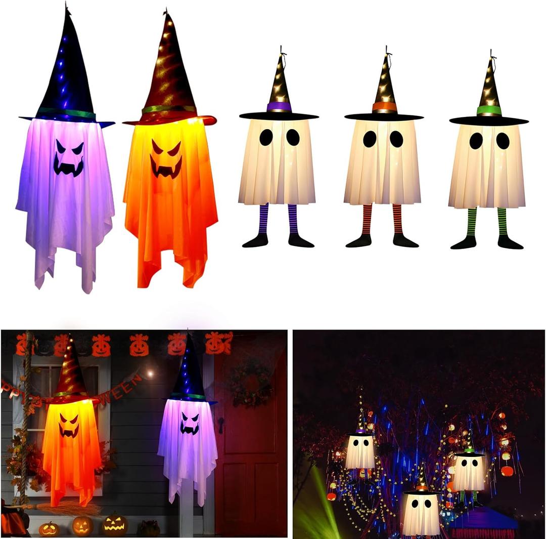 5PCS Halloween Hanging Ghosts, Large Size Lighted Glowing Ghost with Witch Hat Halloween Decorations Ornaments Outdoor Indoor for Home Yard Patio Garden Tree Party Outside