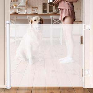 PAWISE Retractable Dog Gate for Stairs, Mesh Pet Gate Retractable for Doorways and Hallways, Indoor Retractable Pet Gate, 34" Tall Expands to 63" Wide, Safety Gate for Dogs, Pets