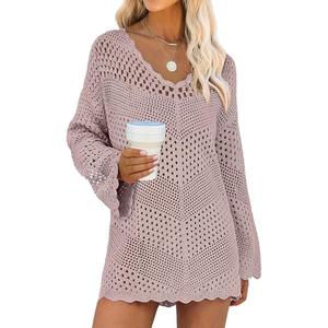 ANRABESS Women Swimsuit Crochet Swim Cover Up Summer Bathing Suit Swimwear V Neck Mesh Knit Beach Dress 2025 Vacation Outfits Medium Pink