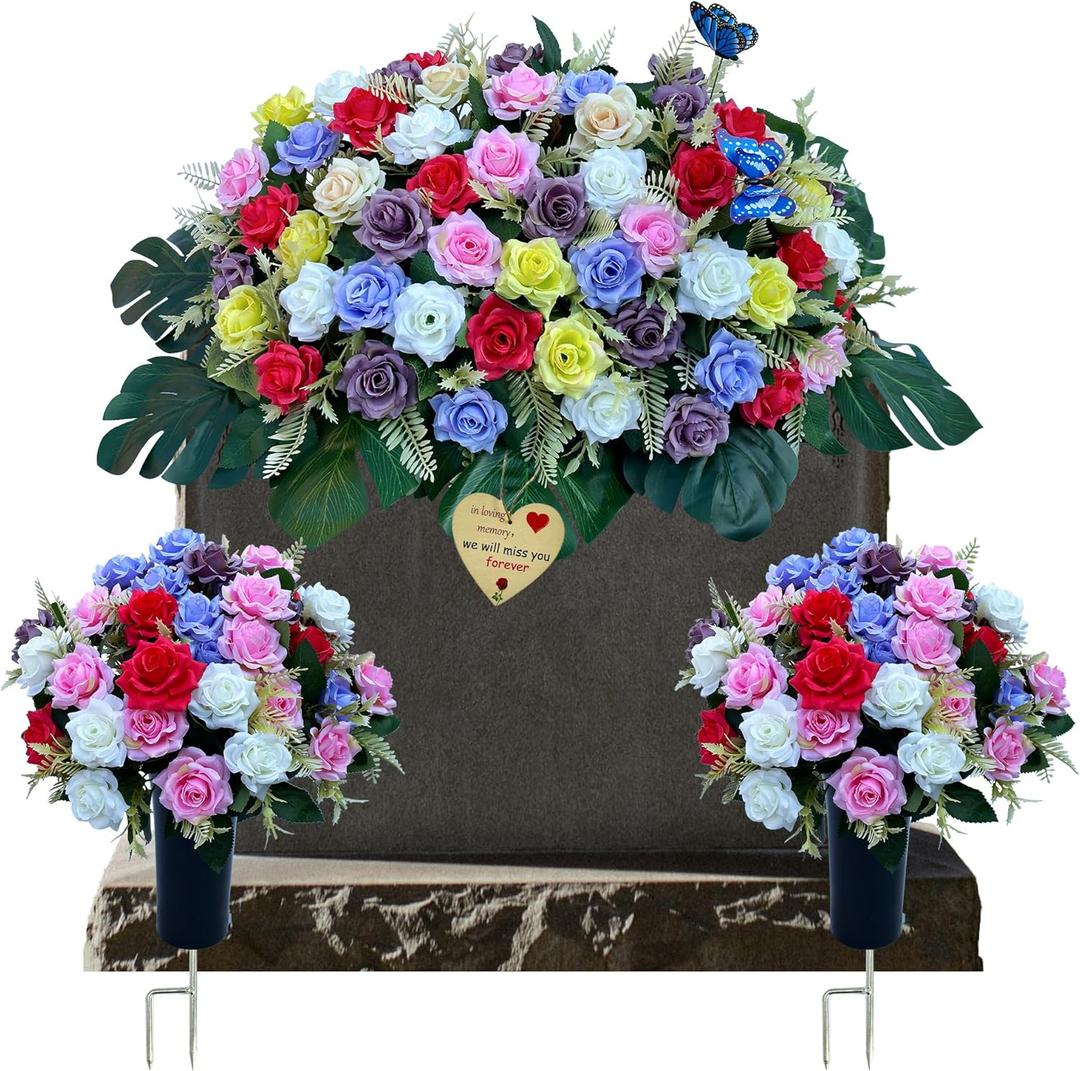 ALL SPECIAL Artificial Flower for Grave Gravestone Decorations, 3 Pack Gravesite Flowers, Cemetery Graveside Bouquets Roses, Tombstone Headstone Saddle Florals Never Be Blown Away (Colorful)