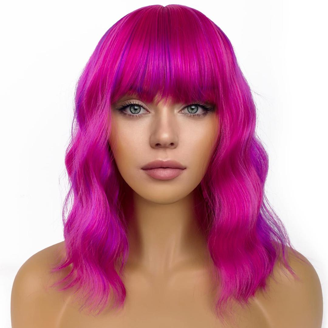 Short Bob Wigs with Bangs for Women Loose Wavy Wig Curly Wavy Shoulder Length Bob Synthetic Cosplay Wig for Girl Colorful Costume Wigs (Rose mixed Purple)