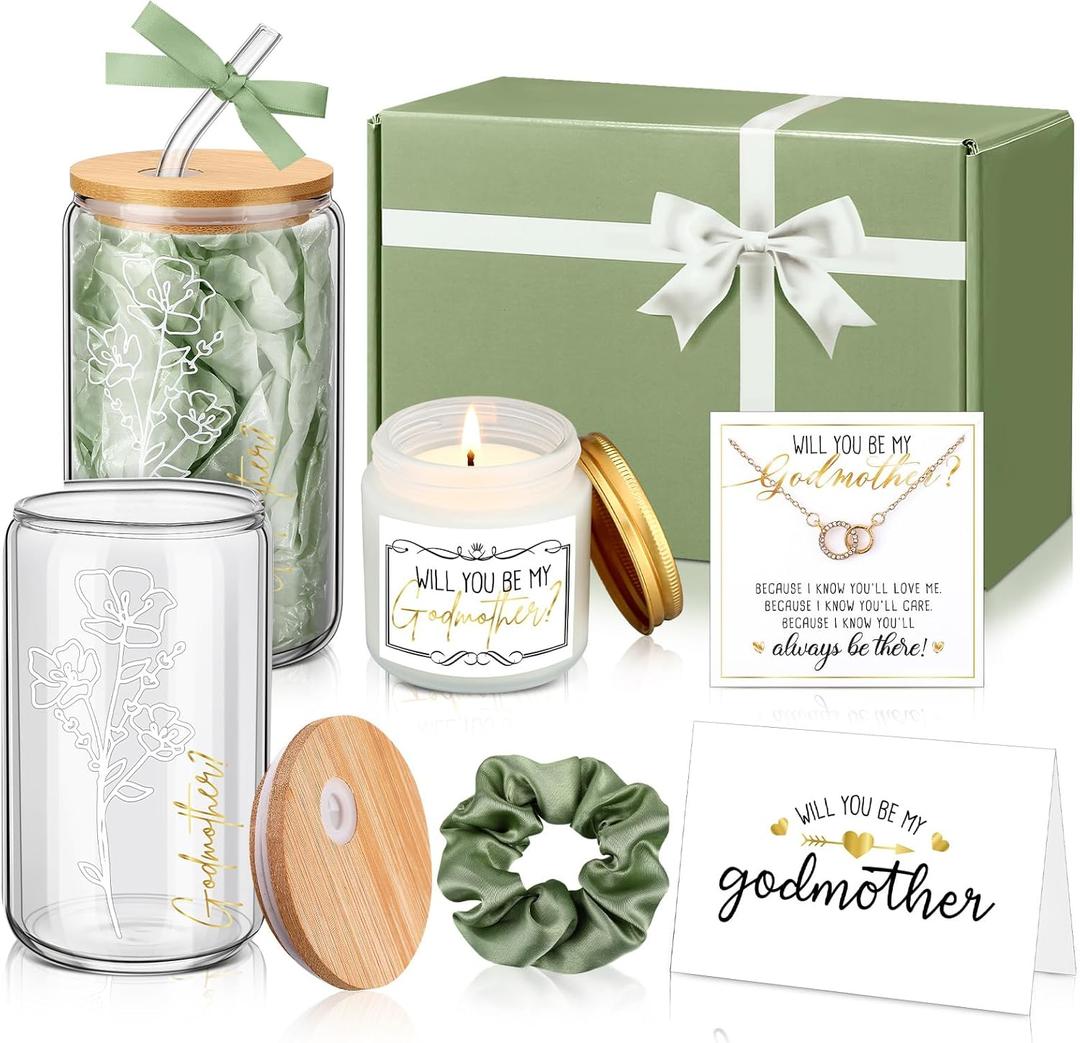 6 Pcs Godmother Proposal Gift Set, Will You Be My Godmother Gift Box, 16oz Glass Cup, Necklace & Scented Candle from Godchild for Baptism Mothers Day Birthday(English,Sage Green)