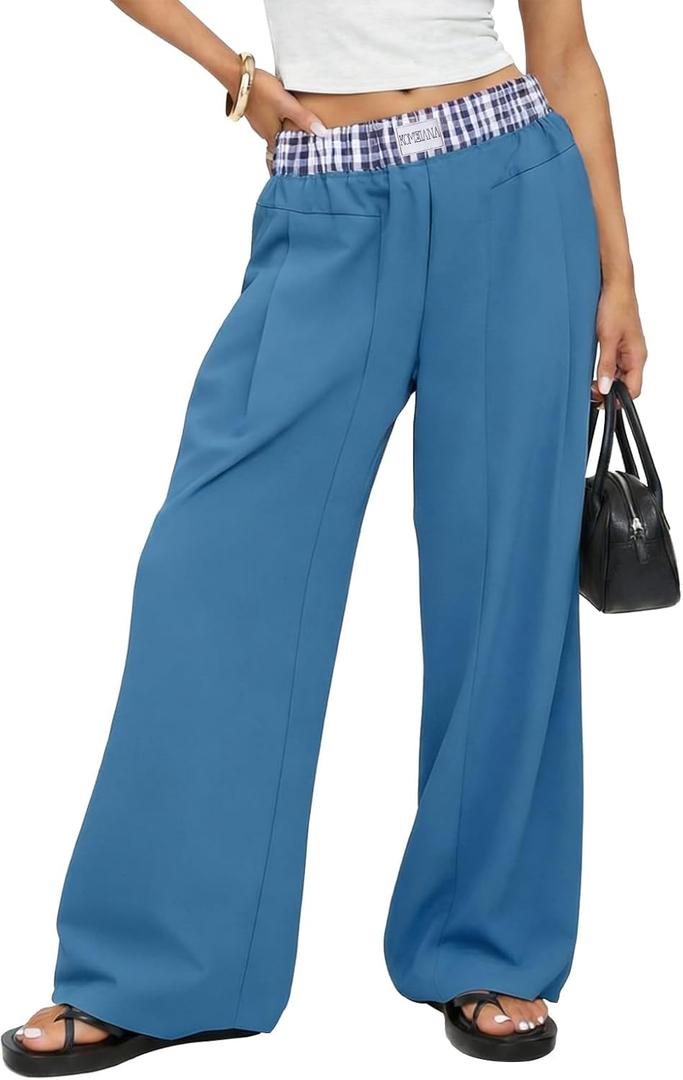 Wide Leg Slacks Pants for Women Pull on High Waisted Business Trousers with 3 Pockets for Casual Office Wear (Small, Blue)