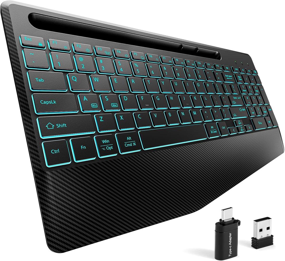 Hamile 2.4G&Bluetooth Wireless Keyboard - Light Up Keyboards with Wrist Rest - 8 Backlit Effects - Slim Rechargeable Silent with Holder for Windows, Mac, Black