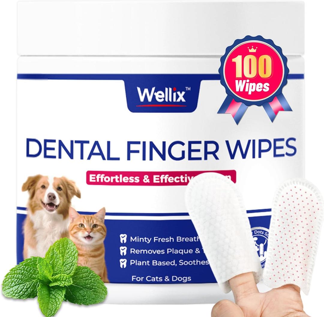 3 x Wellix 100 Count Dog Teeth Cleaning Wipes for Dogs & Cats - Natural Formula Dental Care Finger Wipes Reduces Dog Plaque, Tartar & Bad Breath - No-Rinse Disposable Dog Dental Wipes