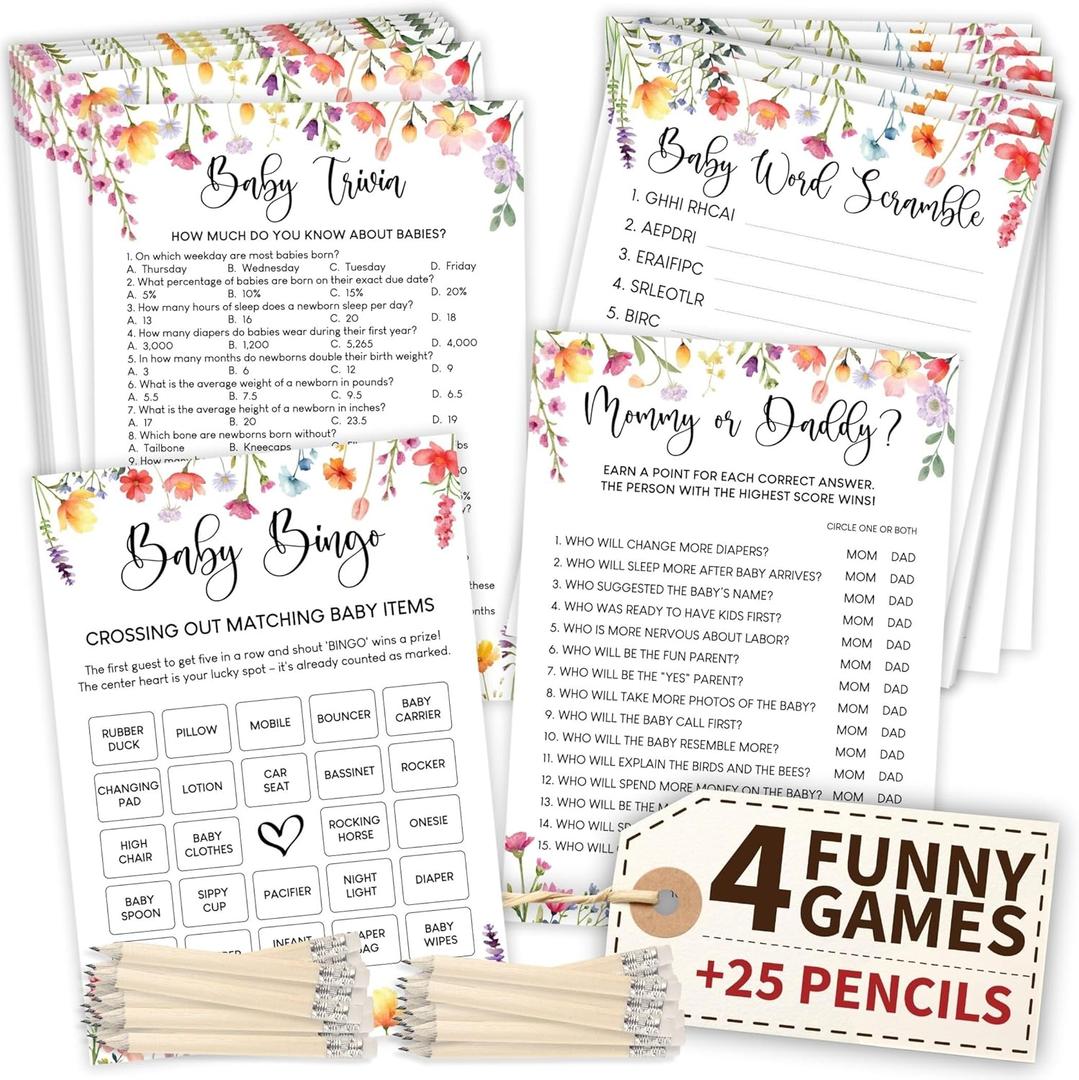 Woodamore Funny Baby Shower Games For Girl - Floral Baby Shower Bingo Cards For 25 Guests, Word Scramble Trivia Mommy Or Daddy Game, Wildflower Baby Shower Decorations Ideas