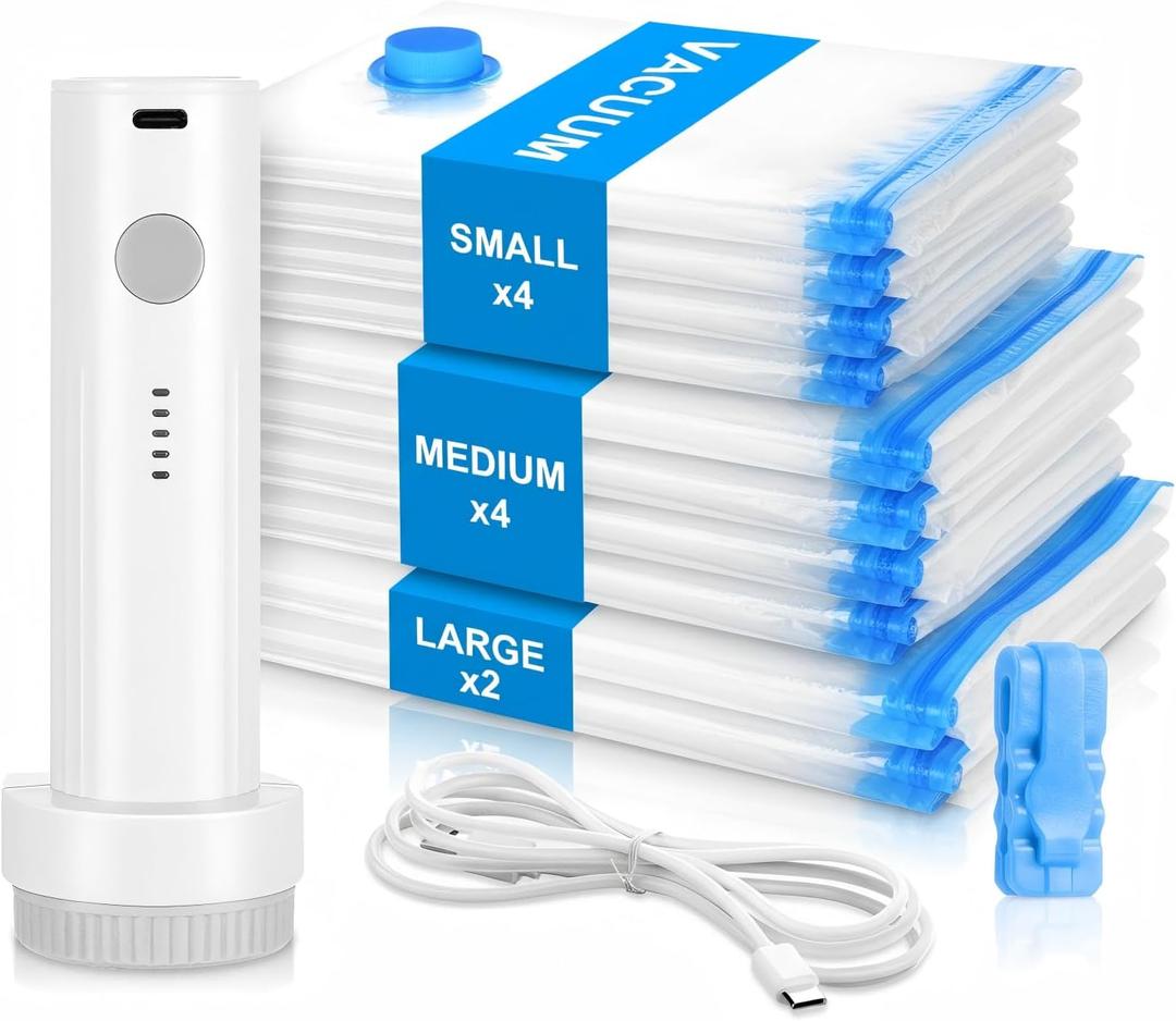 Vacuum bag for travel with pump, Travel Vacuum Bags for Luggage with Portable Electric Pump, 10 PCS Space Saver Compression Bags for Clothes, Luggage, Suitcase & Backpack