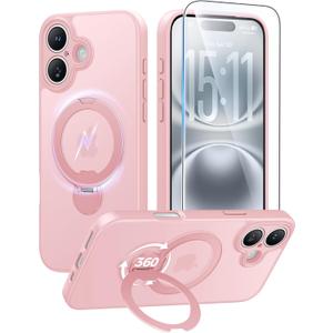 FNTCASE for iPhone 16 Plus Case: [360 Spin Magnetic Stand] [Compatible with Magsafe] [Screen Protector] Translucent Matte Military Grade Shockproof Full Camera Protective Phone Cover - Pink