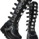 Gothniero High Platform Knee Boots Chunky Heel Wedge Black Boots For Women Combat Goth Punk Motorcycle Booties Zip up With Metal Buckles Size5-11, Black 