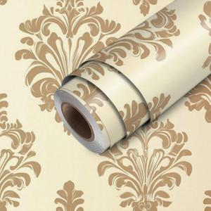 Wallpaper Peel and Stick Gold Damask on Beige Background Contact Paper Wall Paper Stick 17.7" x 118.1" Self Adhesive Removable Vinyl Wall Covering Bedroom Kitchen Bathroom Home Decor