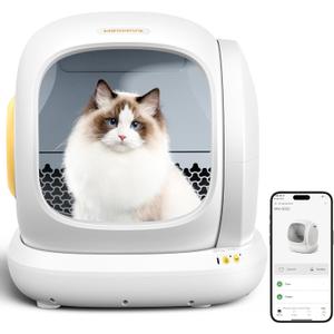 MeoWant Self-Cleaning Cat Litter Box, 75L Extra Large Open Automatic Cat Litter Box for Multi Cats, Integrated Safety Protection/APP Control/Odor Removal Smart Litter Box with Mat & Liner, white (Gray)